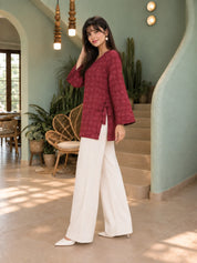 Dark Red Tribal Print Side-Tie Short Kurti in Cotton
