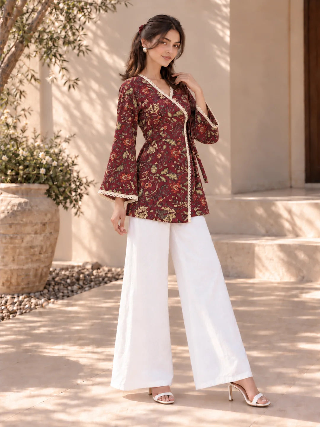 Plum Angrakha Style Short Kurti in Cotton