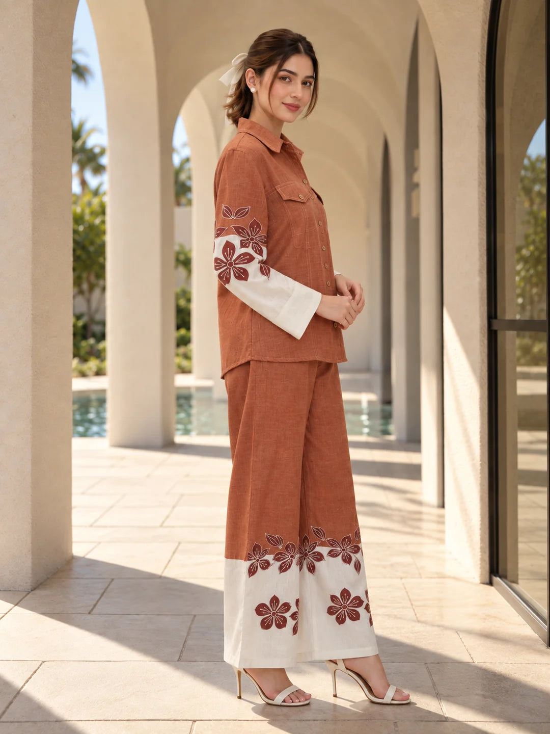 Rust Orange & White Floral Contrast Shirt Co-ord Set in Cotton Linen