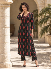 Black and Maroon Ikat Print Kurta Set in Cotton