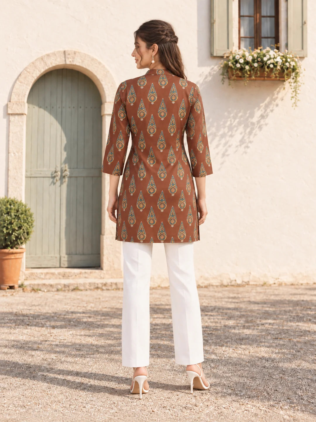Brown Deep V Mandarin Collar Spherical Buta Short Kurti in Cotton