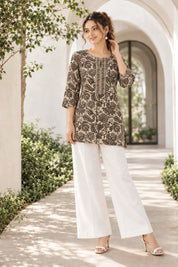 Beige & Brown Floral Jaal Short Kurti in Cotton