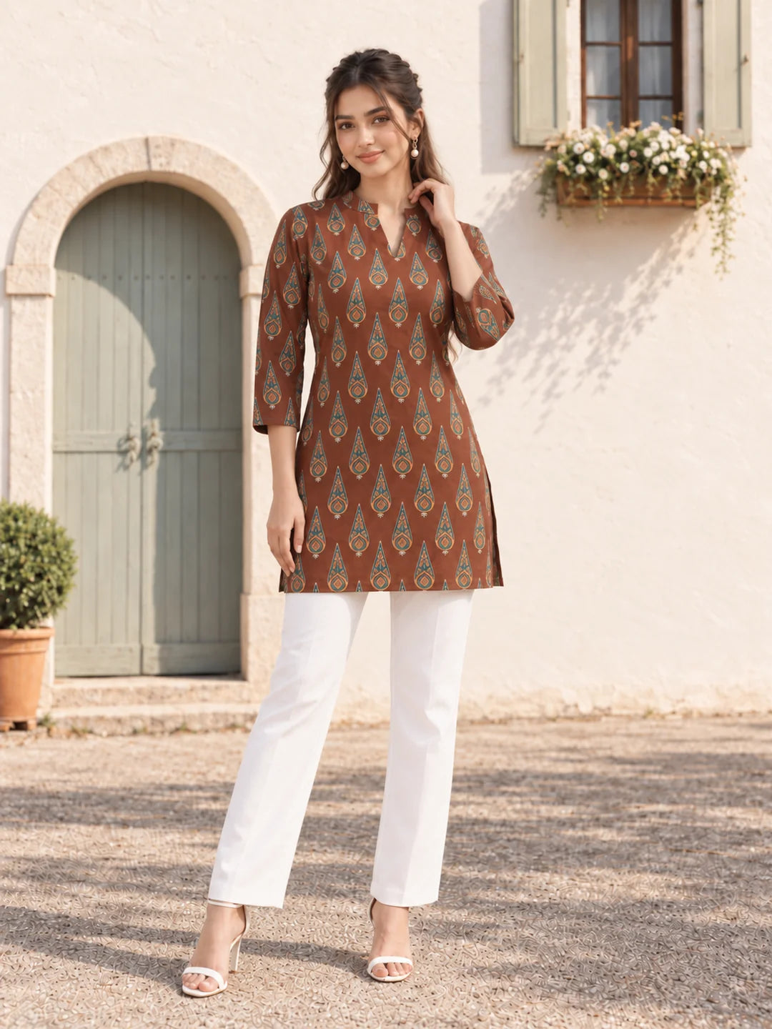 Brown Deep V Mandarin Collar Spherical Buta Short Kurti in Cotton
