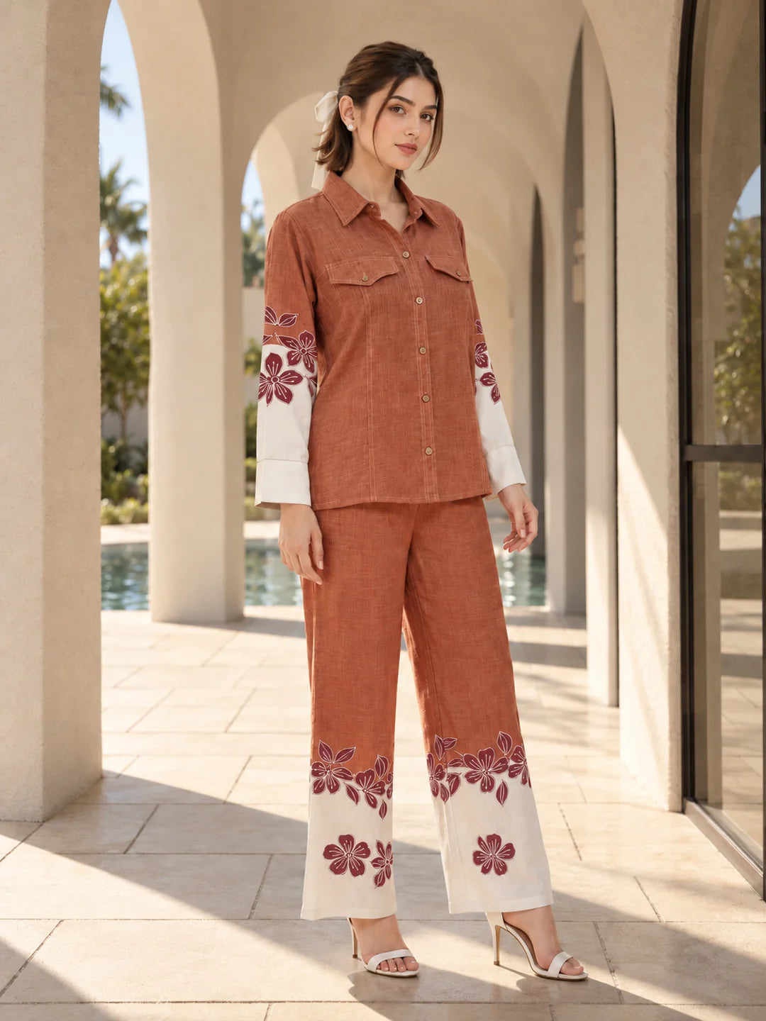 Rust Orange & White Floral Contrast Shirt Co-ord Set in Cotton Linen