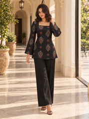 Black Square Neck Criss-Cross Tie Floral Buta Short Kurti in Cotton