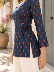 Navy Blue Squared V Neck Criss-Cross Side Tie Floral Buti Short Kurti in Cotton