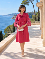 Pink Wide Bow-Tie Floral Cutwork A-Line Dress in Cotton Poplin