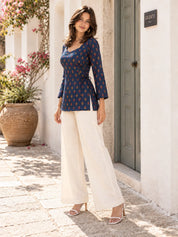 Navy Blue Squared V Neck Criss-Cross Side Tie Floral Buti Short Kurti in Cotton