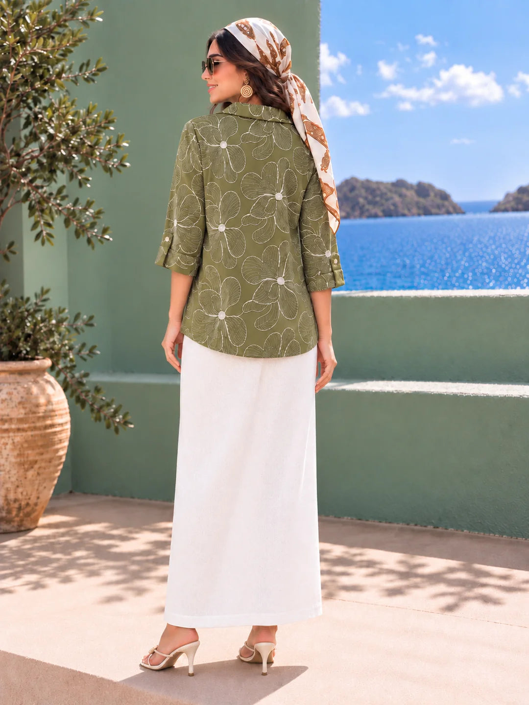 Sage Green Deep V Floral Embroidered Shirt in Cotton Flex