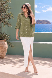 Sage Green Deep V Floral Embroidered Shirt in Cotton Flex