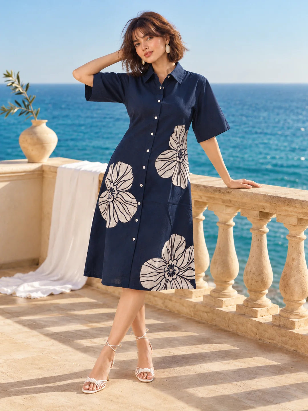 Navy Blue Floral Appliqué A-Line Dress in Cotton Flex