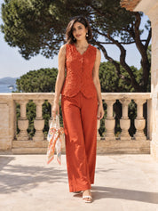 Orange V-Neck Floral Cutwork Button-Front Co-ord Set in Cotton