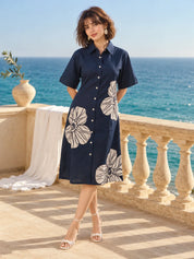 Navy Blue Floral Appliqué A-Line Dress in Cotton Flex