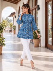 Blue Floral Jaal Pintuck Tunic in Cotton