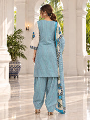 Blue and Cream Floral Stripe Kurta Set with Dupatta in Cotton