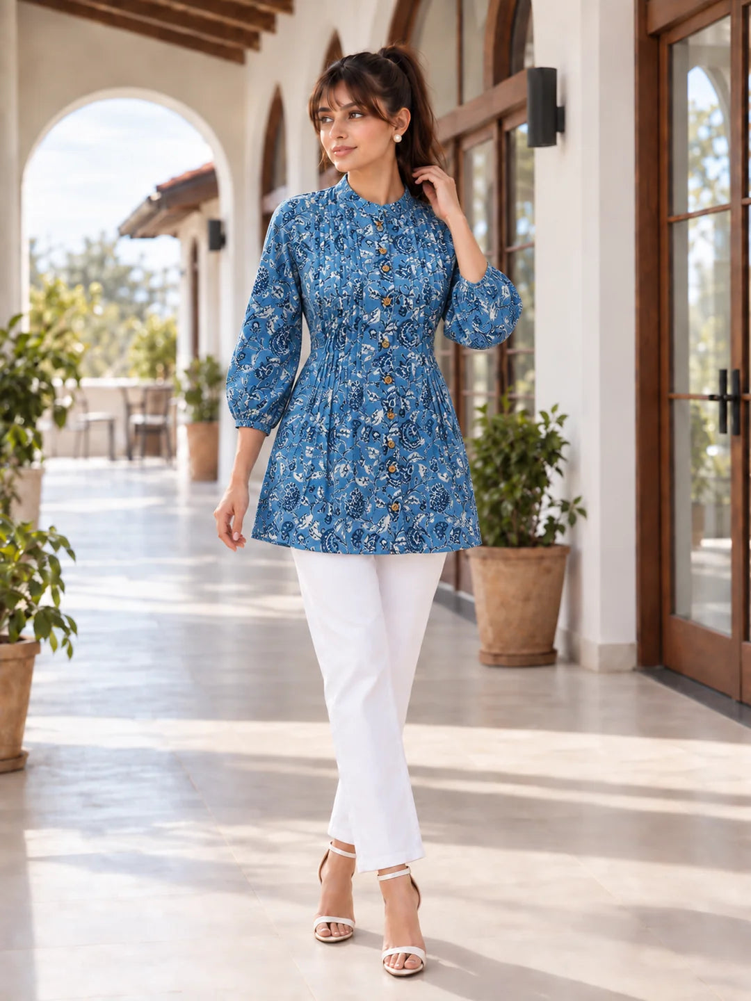 Blue Floral Jaal Pintuck Tunic in Cotton