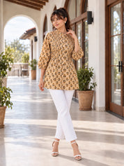 Beige Pintuck Floral Buti Tunic in Cotton