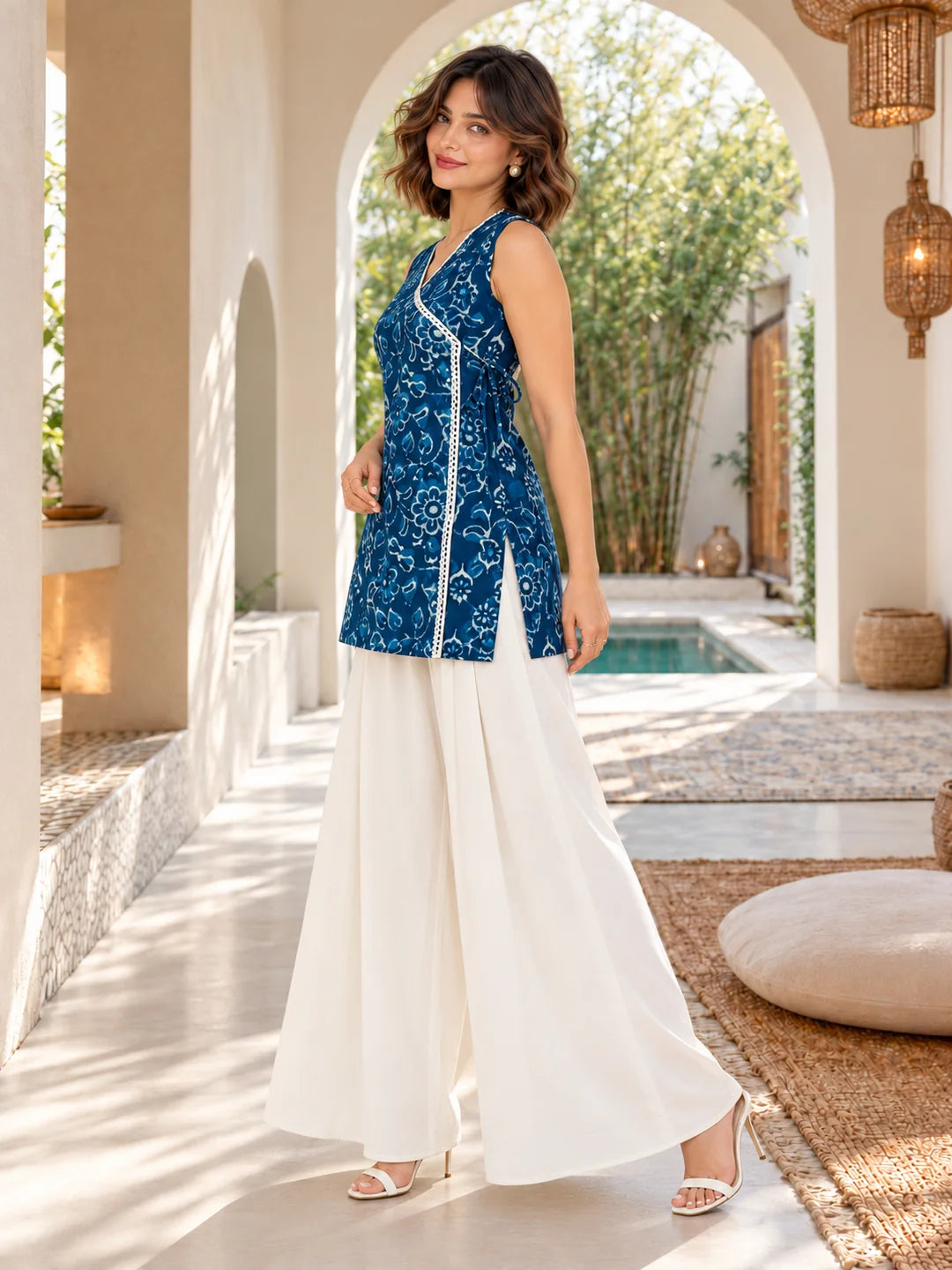 Blue Angrakha Style Floral Jaal Short Kurti in Cotton