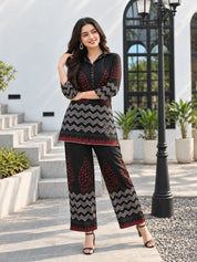 Black Zigzag & Red Dot Printed Co-ord Set in Cotton