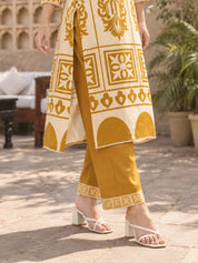 Mustard Block Print Kurta Set with Kauri Embellishment