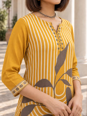 Mustard Stripe & Leaf Print Rayon Kurta-Palazzo Set