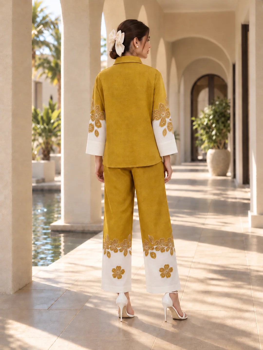 Mustard & White Floral Print Contrast Co-ord Set in Cotton Linen
