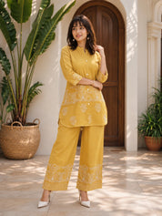 Mustard Floral Embroidered Silk Co-ord Set