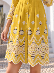 Mustard Yellow Floral Cutwork Pintuck A-Line Dress in Cotton Flex