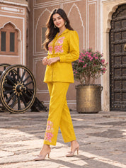 Mustard Embroidered 3-Piece Set in Dola Silk