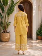 Mustard Floral Embroidered Silk Co-ord Set