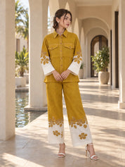 Mustard & White Floral Print Contrast Co-ord Set in Cotton Linen