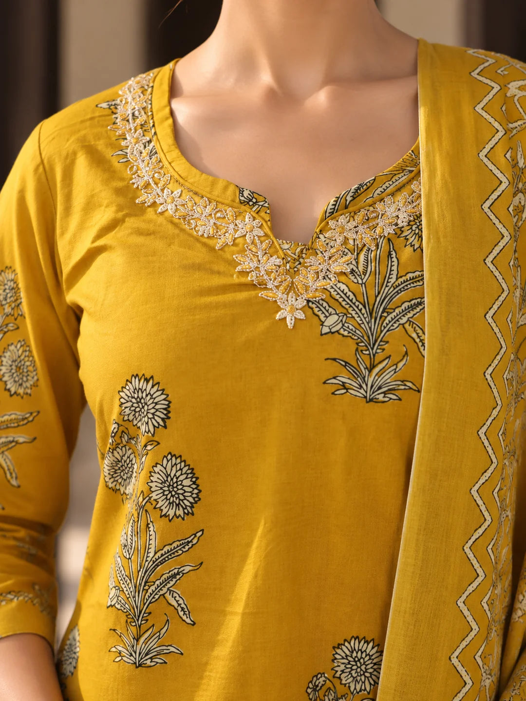 Yellow Embroidered Neck Floral Buta Kurta Set with Printed Dupatta in Cotton