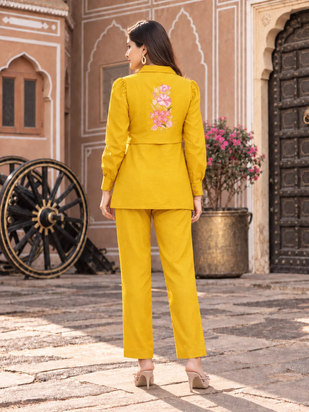 Mustard Embroidered 3-Piece Set in Dola Silk