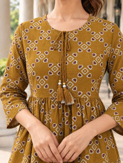 Mustard Yellow Tie-Neck Geometric Peplum Short Kurti in Cotton