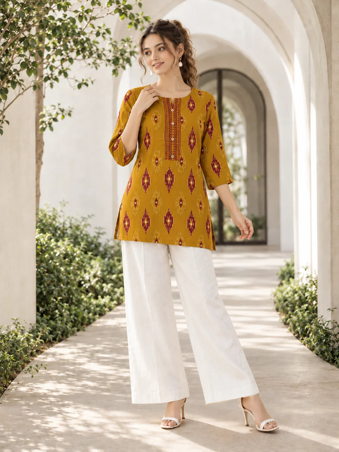 Yellow & Red Ikkat Print Short Kurti in Cotton
