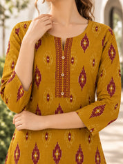 Yellow & Red Ikkat Print Short Kurti in Cotton