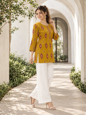 Yellow & Red Ikkat Print Short Kurti in Cotton