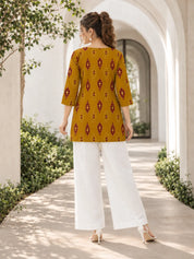 Yellow & Red Ikkat Print Short Kurti in Cotton