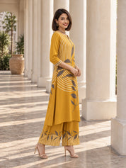 Mustard Stripe & Leaf Print Rayon Kurta-Palazzo Set