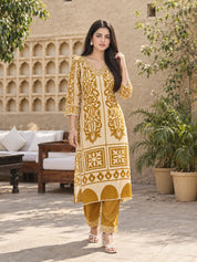 Mustard Block Print Kurta Set with Kauri Embellishment