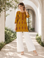 Yellow & Red Ikkat Print Short Kurti in Cotton
