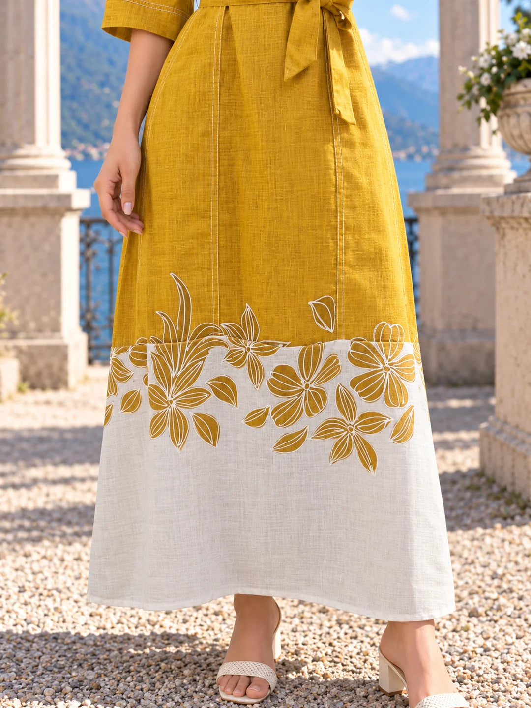 Mustard & White Belted Floral Hem A-Line Dress in Cotton Linen