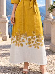 Mustard & White Belted Floral Hem A-Line Dress in Cotton Linen