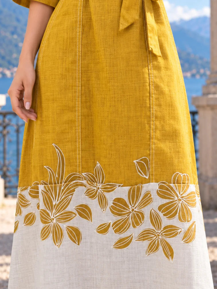 Mustard & White Belted Floral Hem A-Line Dress in Cotton Linen