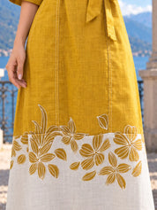 Mustard & White Belted Floral Hem A-Line Dress in Cotton Linen
