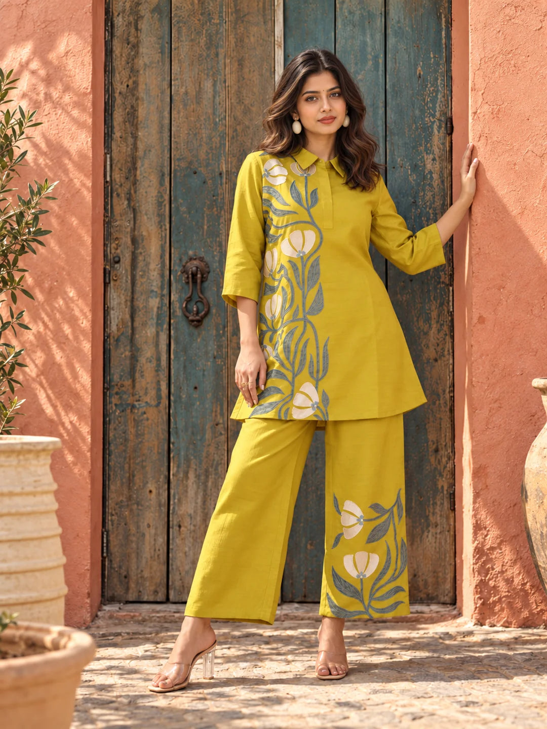 Lime Green Floral Placement Embroidered Co-Ord Set in Roman Silk
