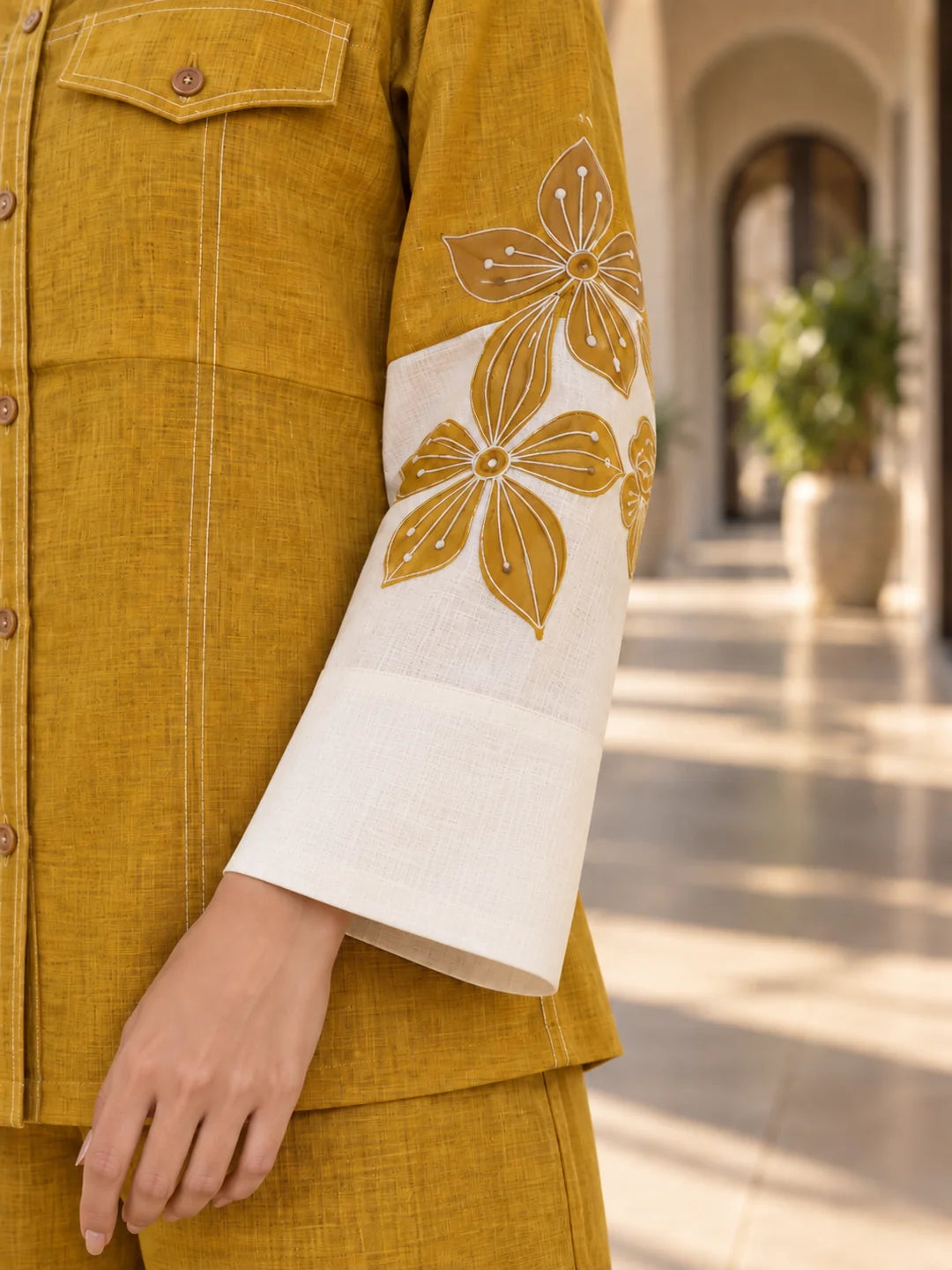 Mustard & White Floral Print Contrast Co-ord Set in Cotton Linen