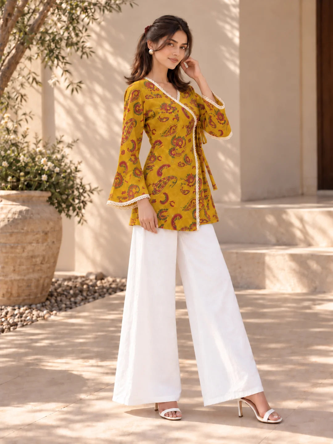Yellow Angrakha Style Short Kurti in Cotton