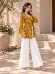 Yellow Angrakha Style Short Kurti in Cotton