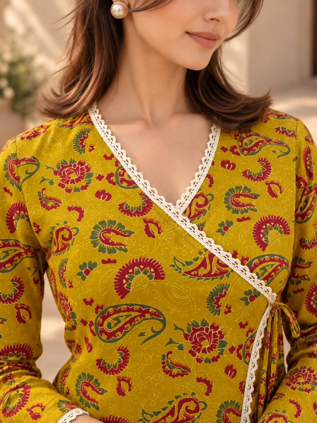 Yellow Angrakha Style Short Kurti in Cotton